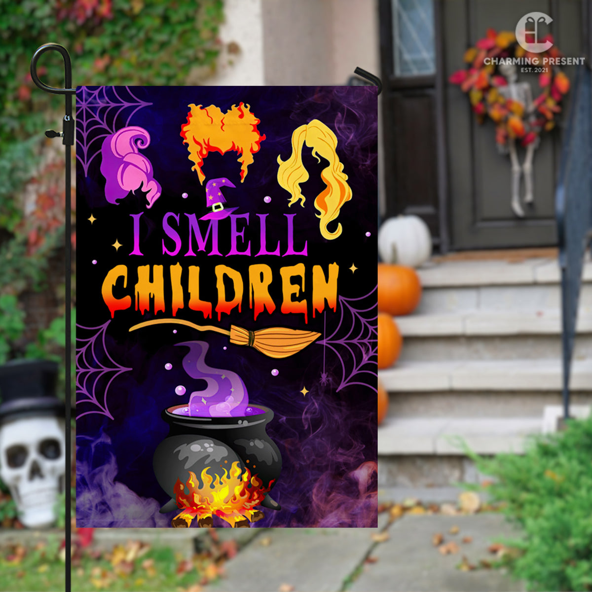 Three Witches Halloween I Smell Children Flag - Halloween Welcome Gift