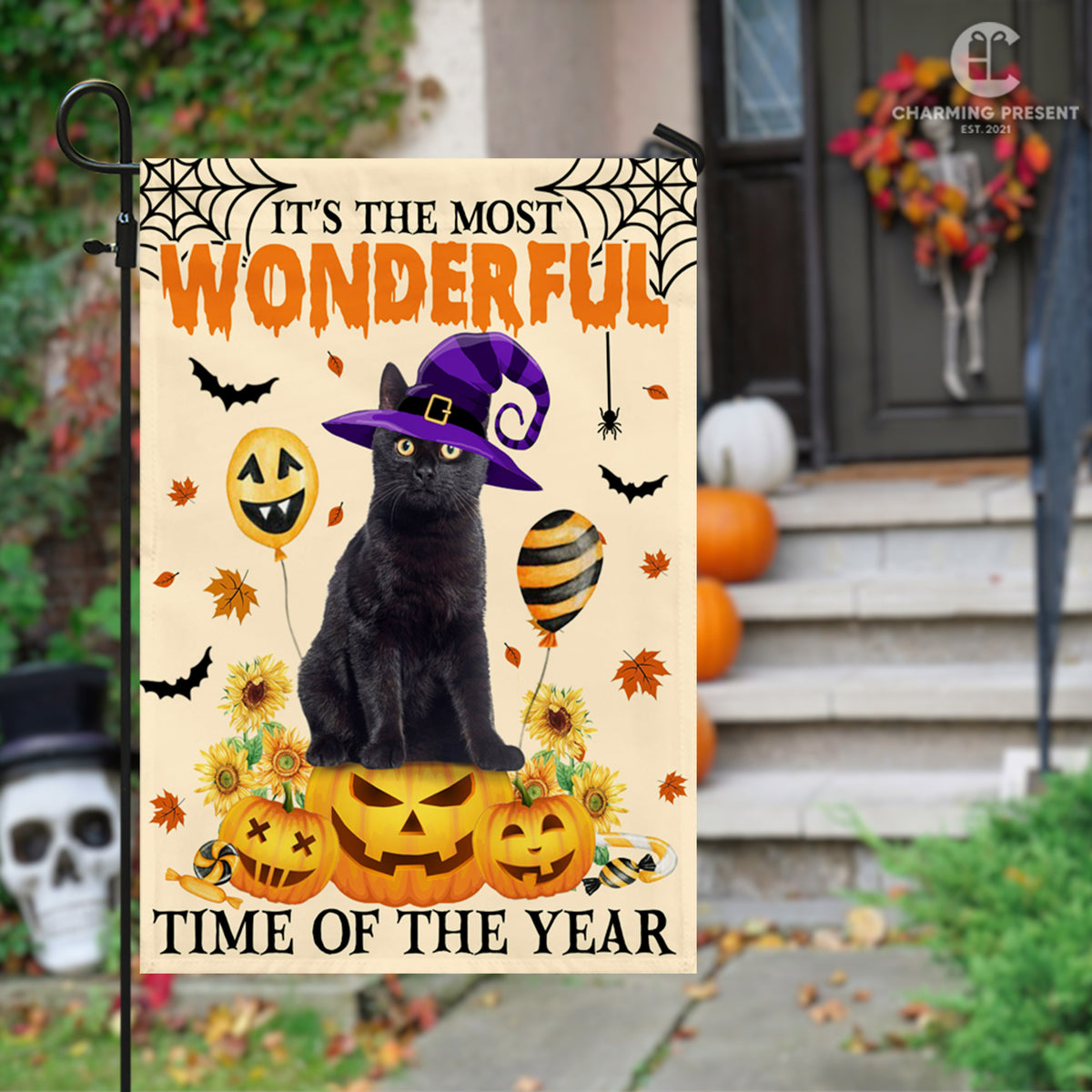 Black Cat It's The Most Wonderful Time Of The Year Flag - Halloween Black Cat Welcome Gift