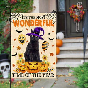 Black Cat It's The Most Wonderful Time Of The Year Flag - Halloween Black Cat Welcome Gift