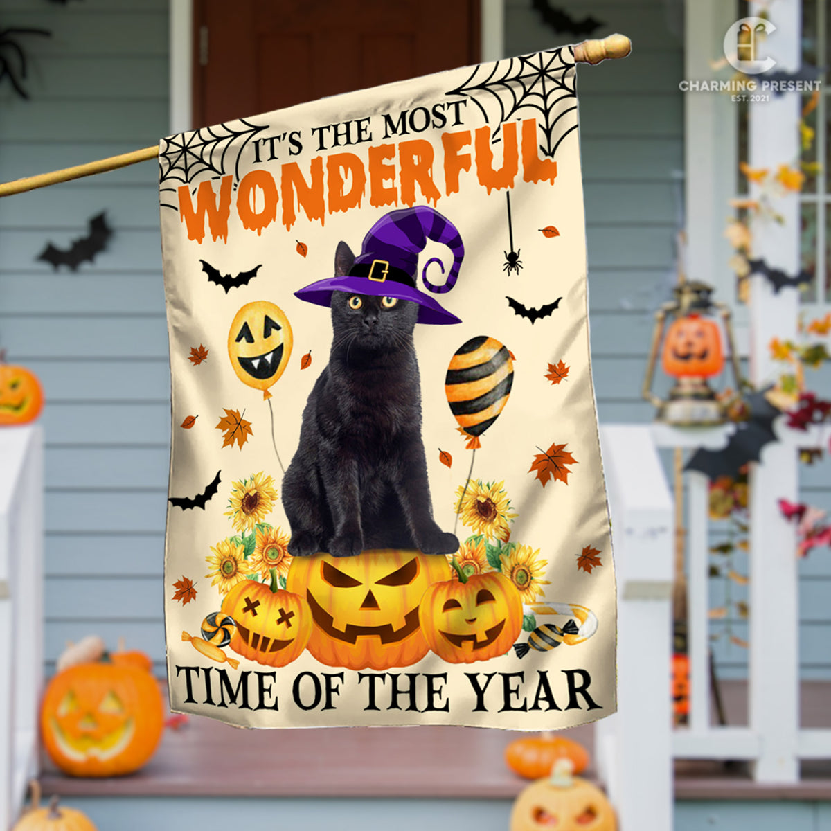 Black Cat It&#39;s The Most Wonderful Time Of The Year Flag - Halloween Black Cat Welcome Gift