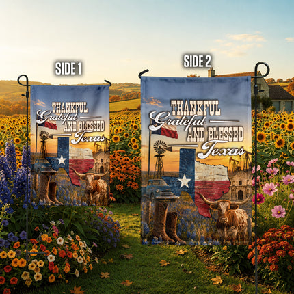 Texas Thankful Grateful Blessed Longhorn Cowboy Country Fall Flag
