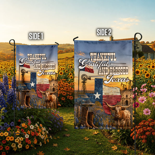Texas Thankful Grateful Blessed Longhorn Cowboy Country Fall Flag