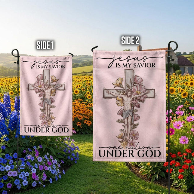 Jesus Is My Savior Floral Cross One Nation Under God Flag
