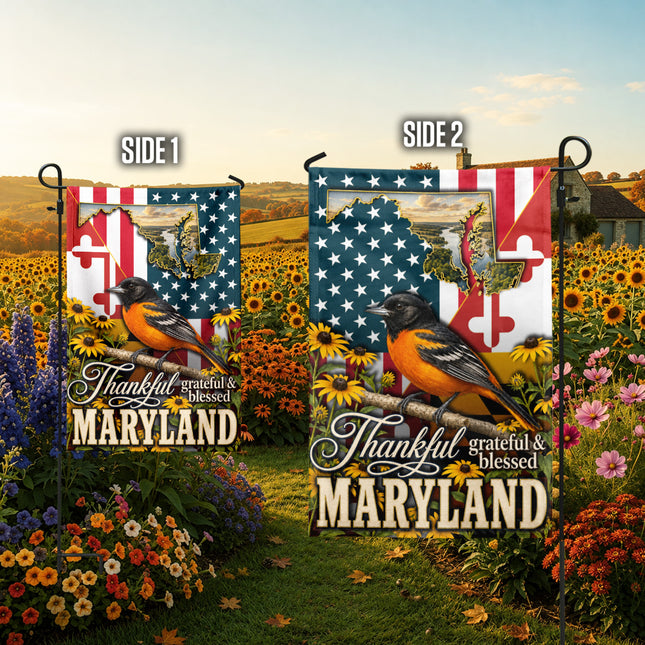 Maryland Thankful Grateful Blessed Oriole Sunflower Fall Flag