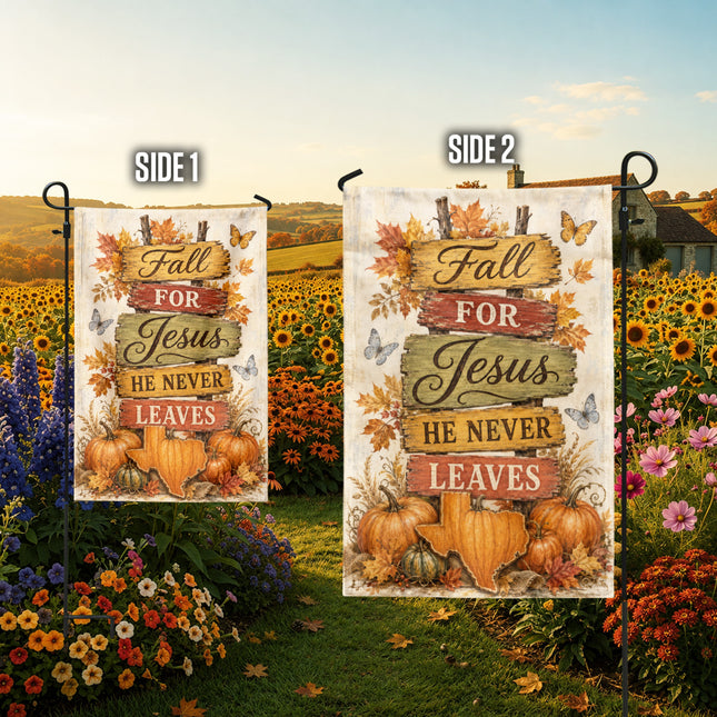Texas Fall for Jesus He Never Leaves Rustic Pumpkin Christian Flag