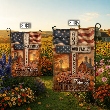 Texas Thankful Grateful Blessed God Family Rustic Farm Fall Flag