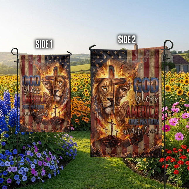 God Bless America Praying Jesus Lion One Nation Under God Flag
