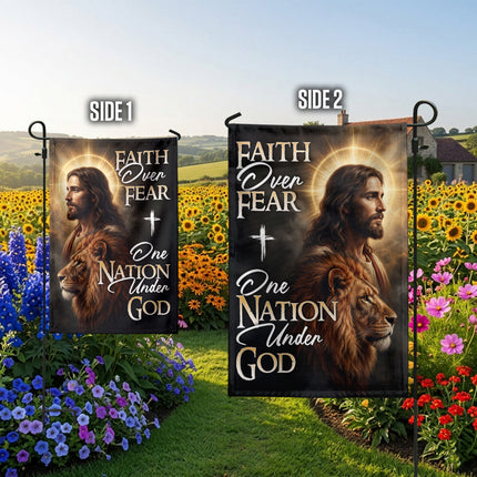 SP-01 One Nation Under God Faith Over Fear Lion of Judah Garden Flag Religious Celebrations