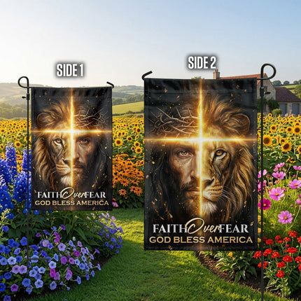 SP-01 Jesus Lion Flag Faith Over Fear God Bless America Memorial Day