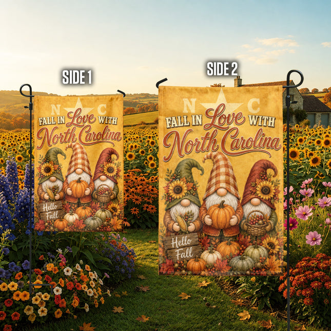 North Carolina Fall in Love Gnome Pumpkin Harvest Autumn Flag