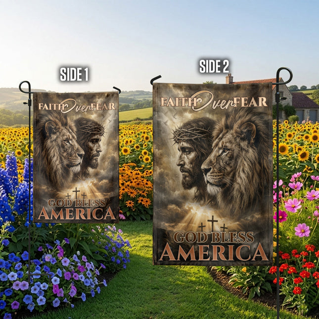 SP-01 Faith Over Fear God Bless America Lion of Judah Christian Garden Flag
