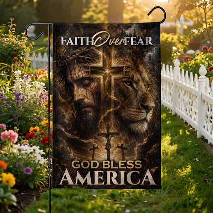 SP-01 Crucifixion of Christ Faith Over Fear God Bless America Garden Flag