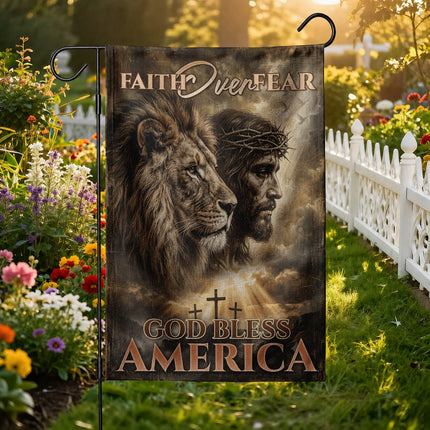 SP-01 Faith Over Fear God Bless America Lion of Judah Christian Garden Flag