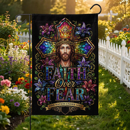 Faith Over Fear Stained Glass Jesus One Nation Under God Flag