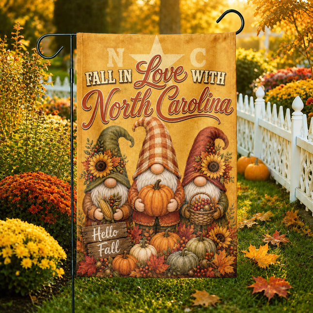 North Carolina Fall in Love Gnome Pumpkin Harvest Autumn Flag