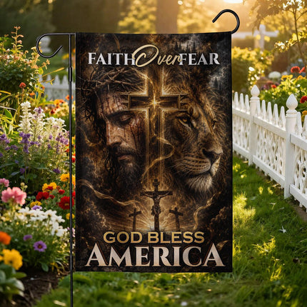Faith Over Fear God Bless America Crucifixion Lion Cross Flag