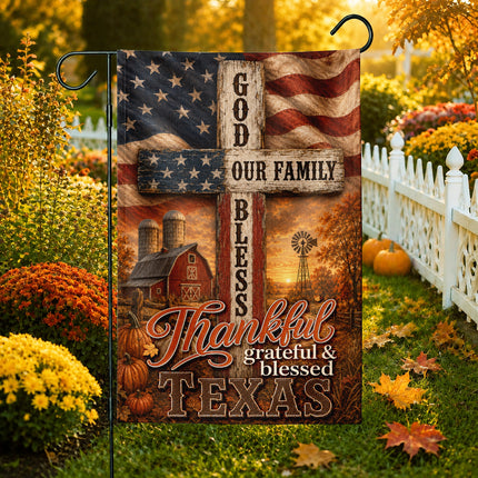 Texas Thankful Grateful Blessed God Family Rustic Farm Fall Flag