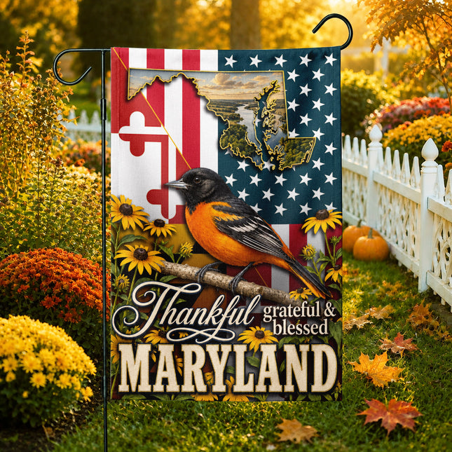 Maryland Thankful Grateful Blessed Oriole Sunflower Fall Flag