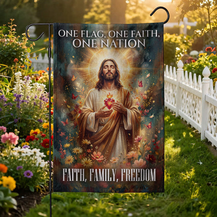 SP-01 Jesus Garden Flag Sacred Heart Faith Family Freedom Holy Week Christmas