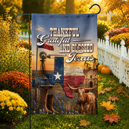 Texas Thankful Grateful Blessed Longhorn Cowboy Country Fall Flag