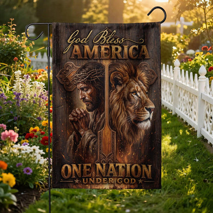 God Bless America Praying Jesus Lion Wooden Cross One Nation Under God Flag