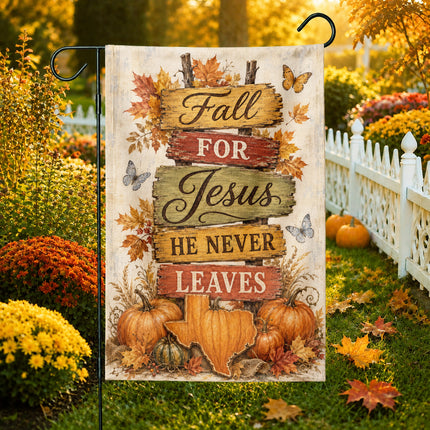 Texas Fall for Jesus He Never Leaves Rustic Pumpkin Christian Flag