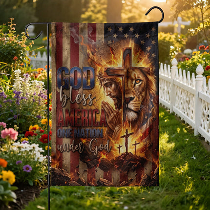 God Bless America Praying Jesus Lion One Nation Under God Flag