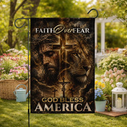 SP-01 Crucifixion of Christ Faith Over Fear God Bless America Garden Flag