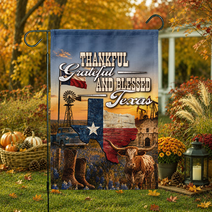 Texas Thankful Grateful Blessed Longhorn Cowboy Country Fall Flag