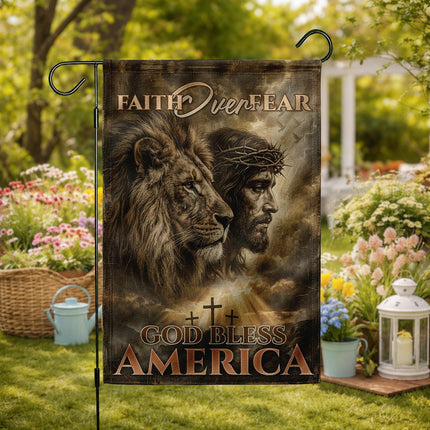 Faith Over Fear God Bless America Lion Jesus Flag