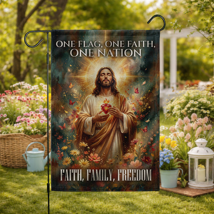 SP-01 Jesus Garden Flag Sacred Heart Faith Family Freedom Holy Week Christmas