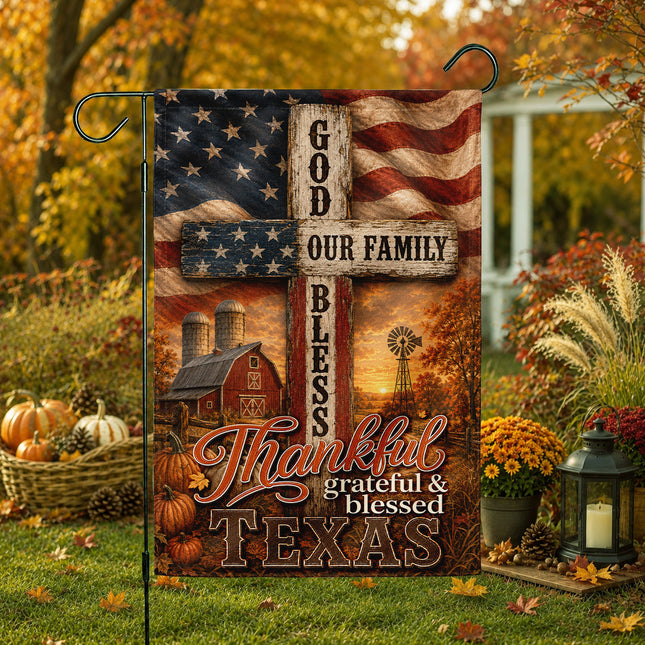 Texas Thankful Grateful Blessed God Family Rustic Farm Fall Flag