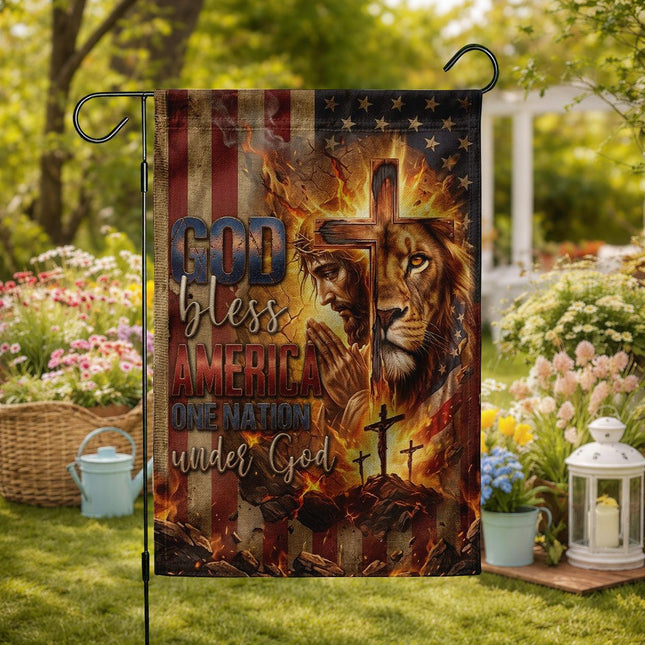 God Bless America Praying Jesus Lion One Nation Under God Flag