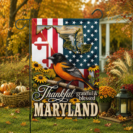 Maryland Thankful Grateful Blessed Oriole Sunflower Fall Flag