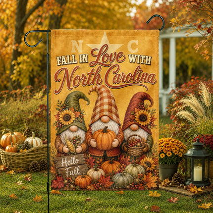 North Carolina Fall in Love Gnome Pumpkin Harvest Autumn Flag