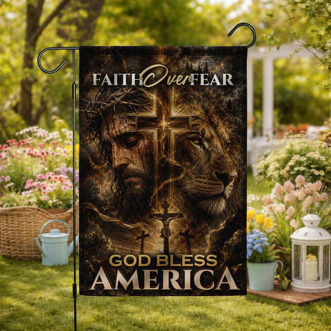 Faith Over Fear God Bless America Crucifixion Lion Cross Flag