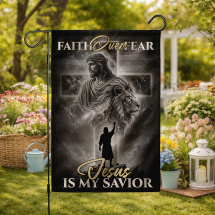 Faith Over Fear Jesus Is My Savior Lion Cross God Flag