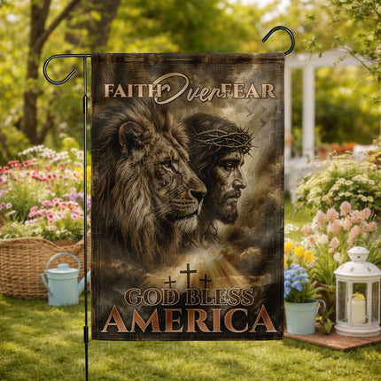 SP-01 Faith Over Fear God Bless America Lion of Judah Christian Garden Flag