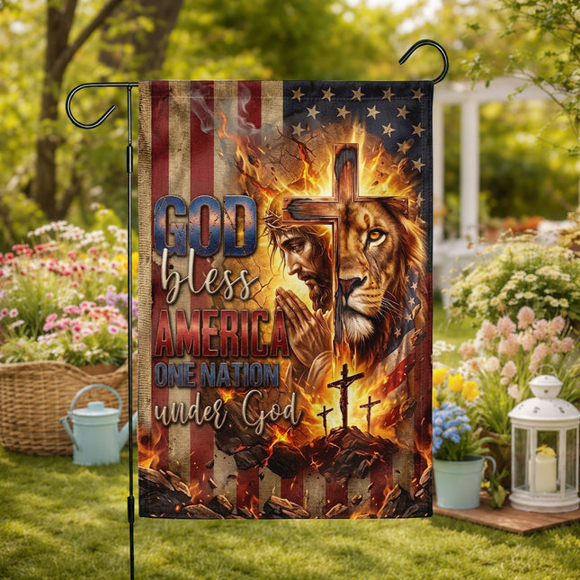 God Bless America Praying Jesus Lion One Nation Under God Flag
