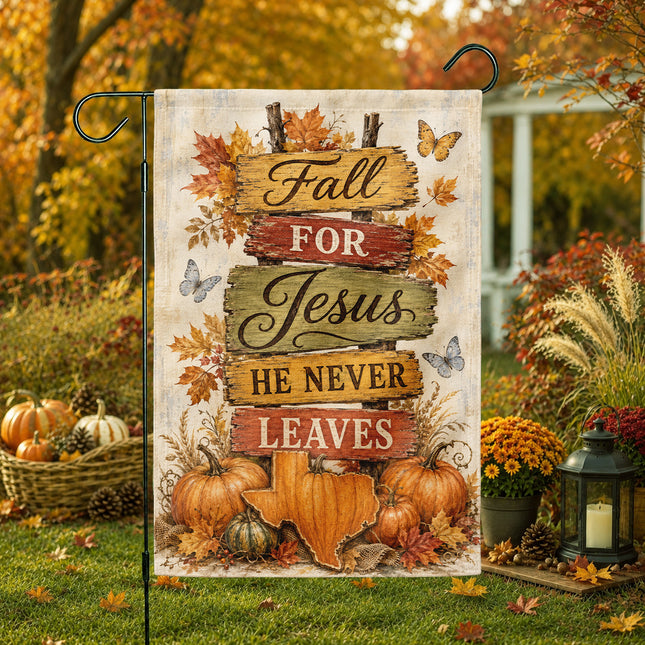 Texas Fall for Jesus He Never Leaves Rustic Pumpkin Christian Flag