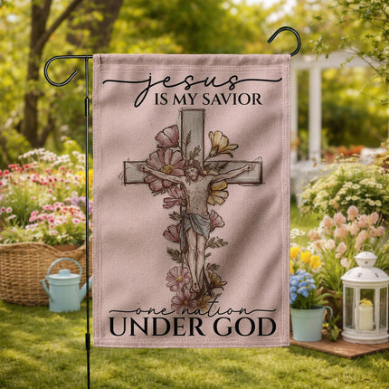 Jesus Is My Savior Floral Cross One Nation Under God Flag