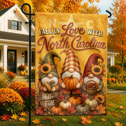 North Carolina Fall in Love Gnome Pumpkin Harvest Autumn Flag