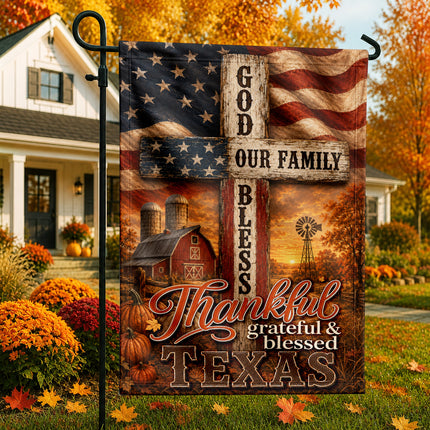 Texas Thankful Grateful Blessed God Family Rustic Farm Fall Flag