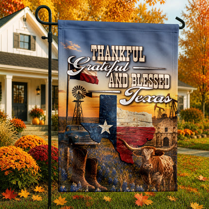 Texas Thankful Grateful Blessed Longhorn Cowboy Country Fall Flag