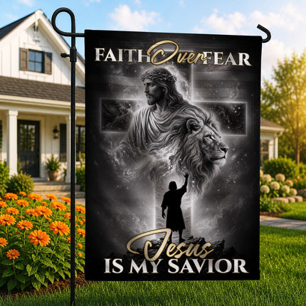 Faith Over Fear Jesus Is My Savior Lion Cross God Flag