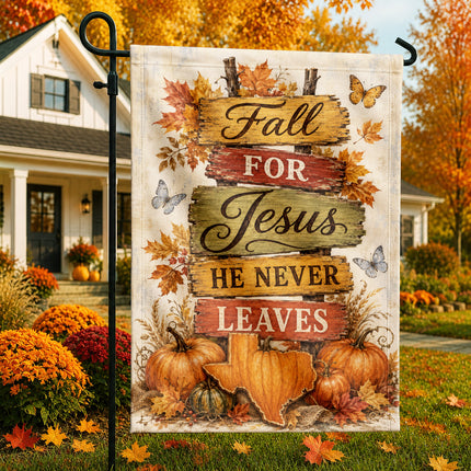 Texas Fall for Jesus He Never Leaves Rustic Pumpkin Christian Flag