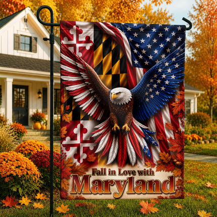Maryland Fall in Love Patriotic Eagle Autumn Leaves Flag