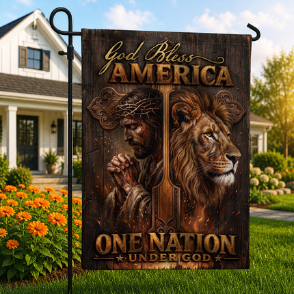 SP-01 One Nation Under God God Bless America Jesus Lion Garden Flag Prayer Meetings