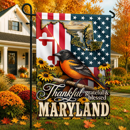 Maryland Thankful Grateful Blessed Oriole Sunflower Fall Flag
