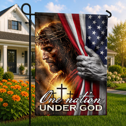 Jesus Crown of Thorns Christian Flag One Nation Under God American Cross
